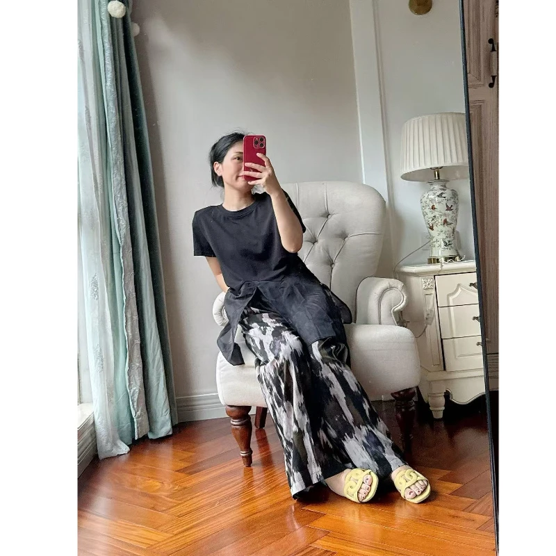 【若衣】轻熟风棉拼接雪纺下摆T恤+印花凉爽阔腿裤套装250381