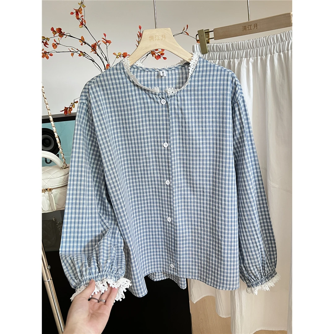 韩系格子衬衫女长袖蕾丝宽松花边拼接短款百搭上衣夏季