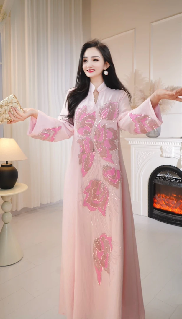 2025新款中东手工串珠植绒花系列迪拜连衣裙098