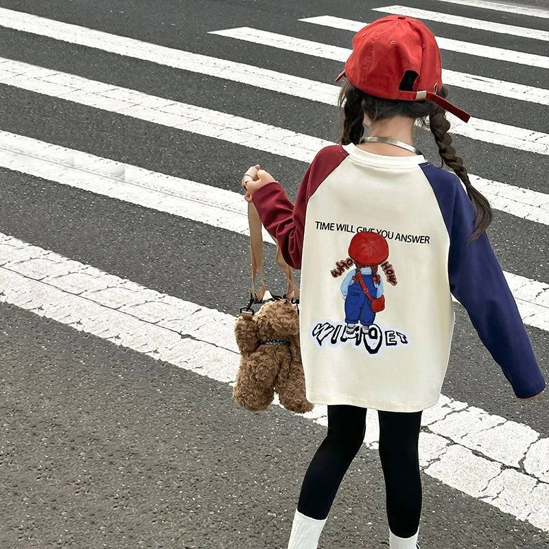 童装女童爆款ins风儿童长袖新款中大童T恤宝宝打底肩袖撞色上衣潮