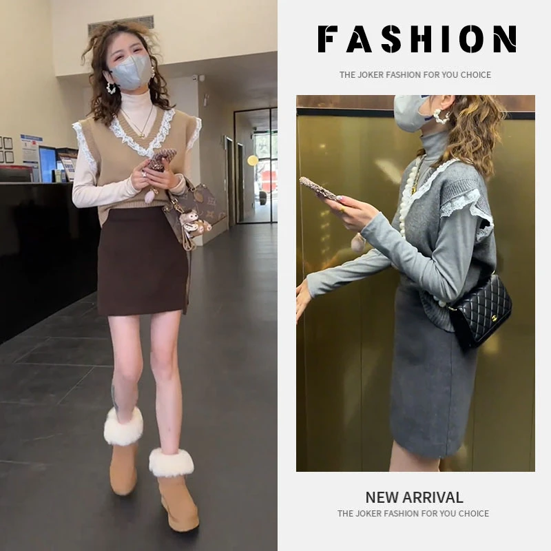 早春一整套女装2025新款设计感蕾丝花边针织背心减龄半身裙两件套