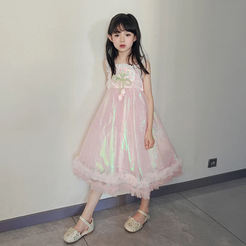 2025女童公主裙新款女孩夏季蝴蝶结吊带连衣裙女宝夏装生日蓬蓬裙