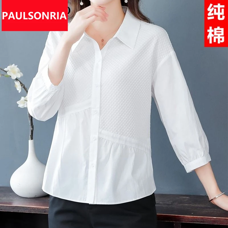 保罗服纯棉白色七分袖衬衫女士夏季新款宽松外穿上衣气质半袖衬衣
