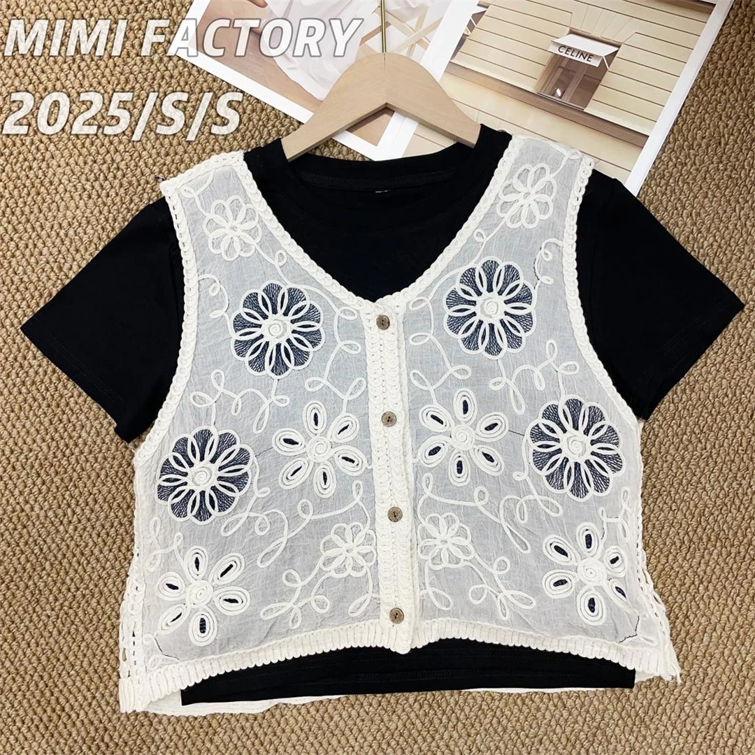 芈芈-2025夏季新款 波西米亚度假风马甲背心短袖T恤两件套#4512