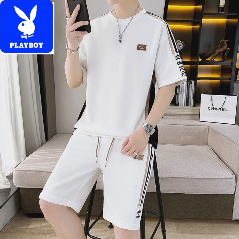 花花公子宽松速干套装青少年运动服白色短袖短裤潮牌夏天男潮流