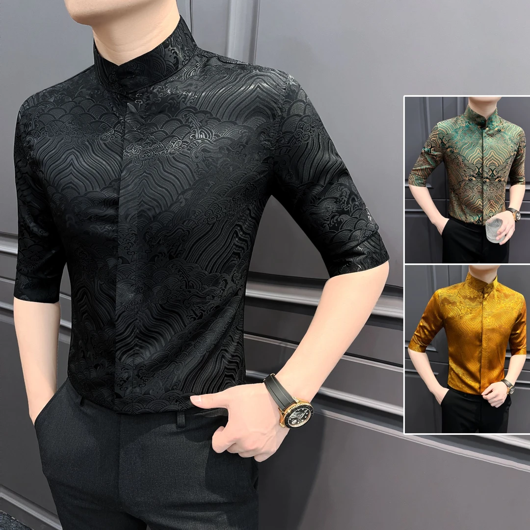 七分袖立领花衬衫男款爆款2025新款痞帅网红男装国风祥云印花衬衣