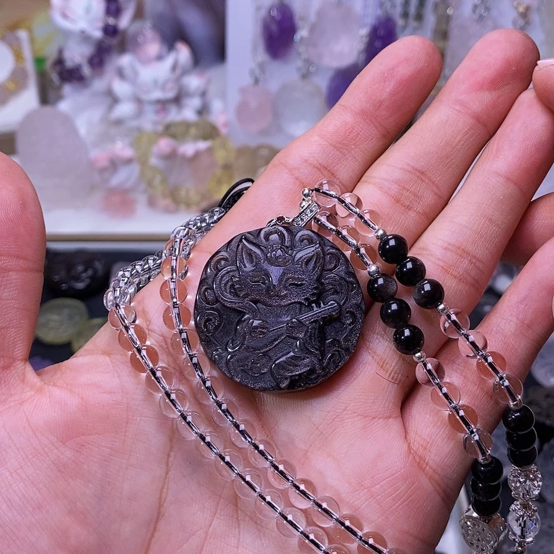 水晶颈饰未镶嵌狐狸吊坠 带链子一套