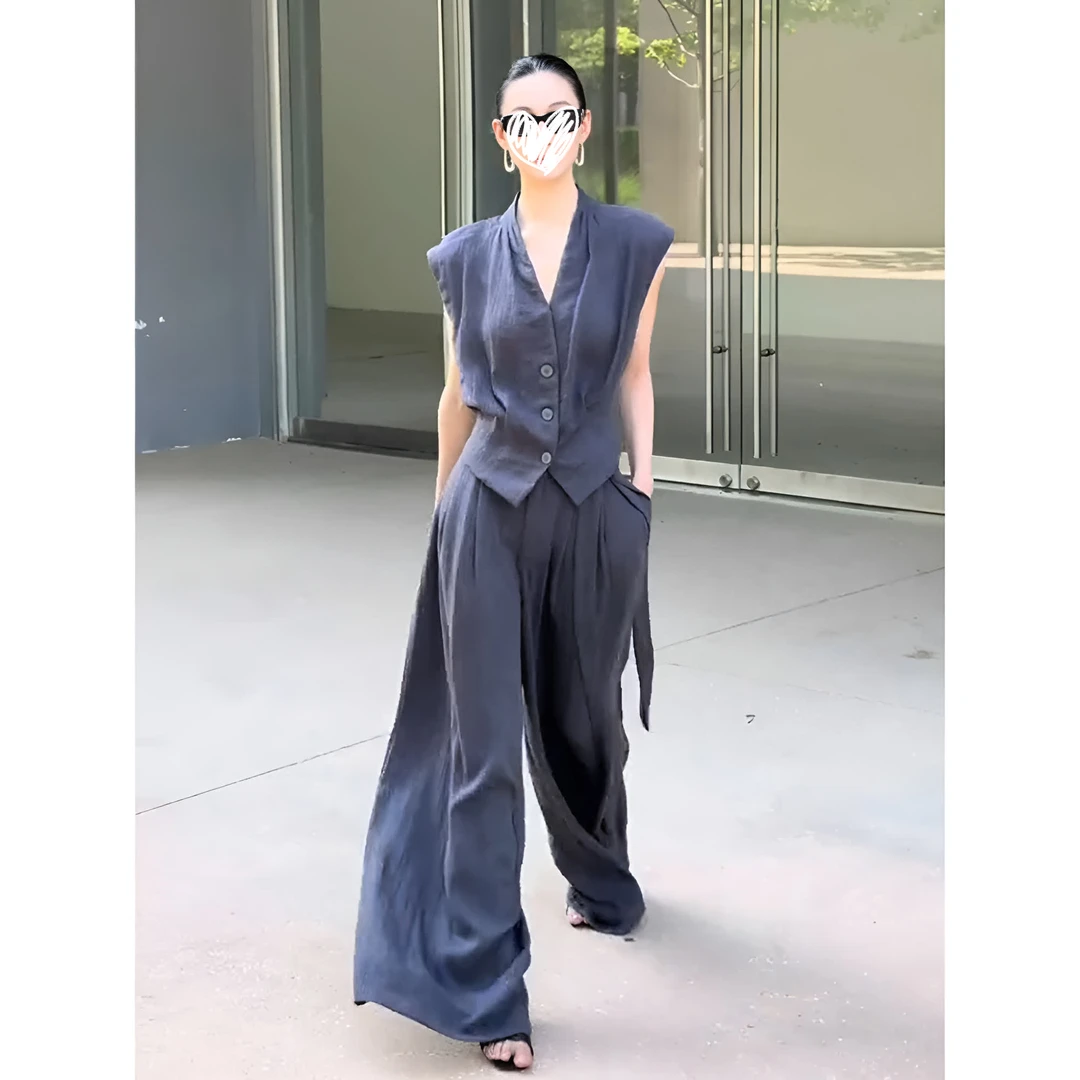 财阀千金女装复古V领马甲短款上衣+高腰压褶阔腿裤套装洋气衣服女