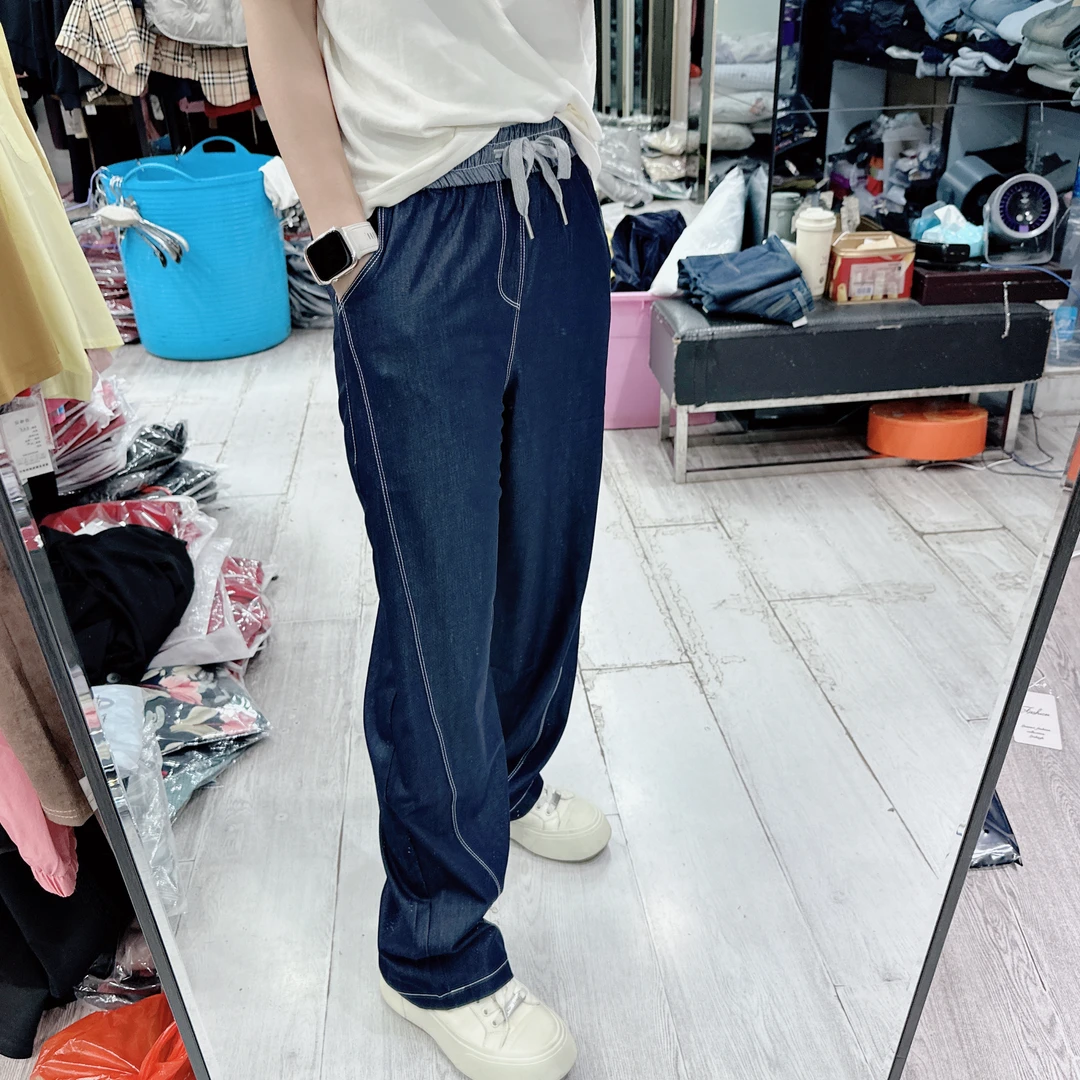 百搭松紧腰天的丝超好穿小直筒休闲裤8191