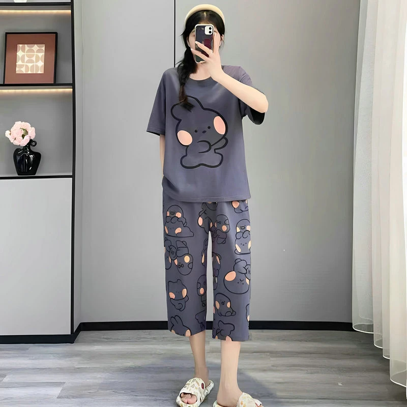 夏天带胸垫睡衣女夏季纯棉新款短袖七分裤家居服全棉女士睡衣套装