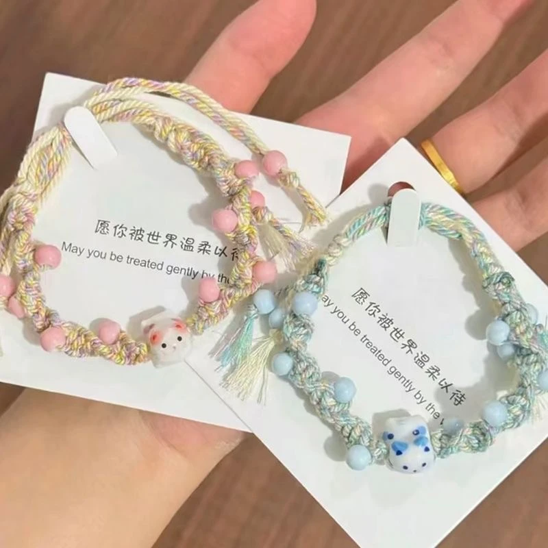 非金属布艺手链 景德镇编绳小猫串珠小众高级甜美编织情侣闺蜜ins