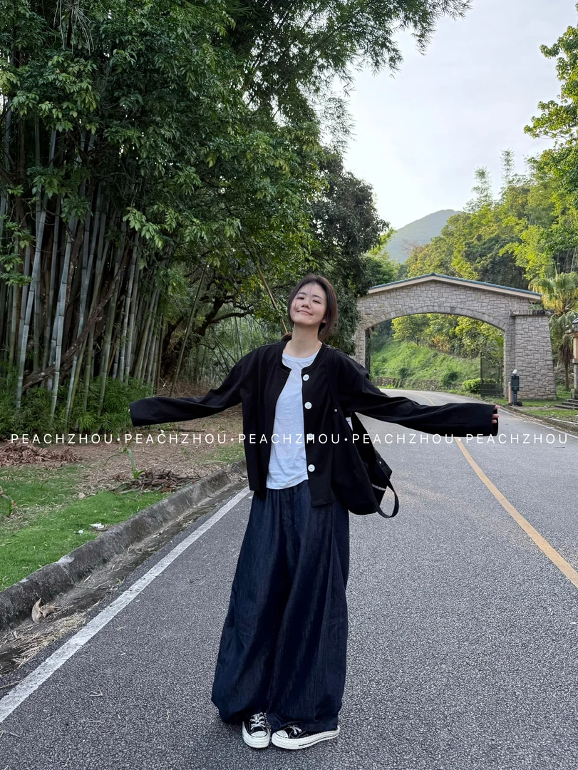 『PEACHZHOU』日系100棉轻薄暗门襟宽松圆领长袖简约休闲松弛开衫女