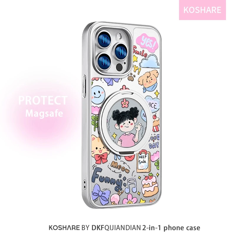 适用苹果16promax手机壳新女款二合一iPhone15pro涂鸦女孩支架14