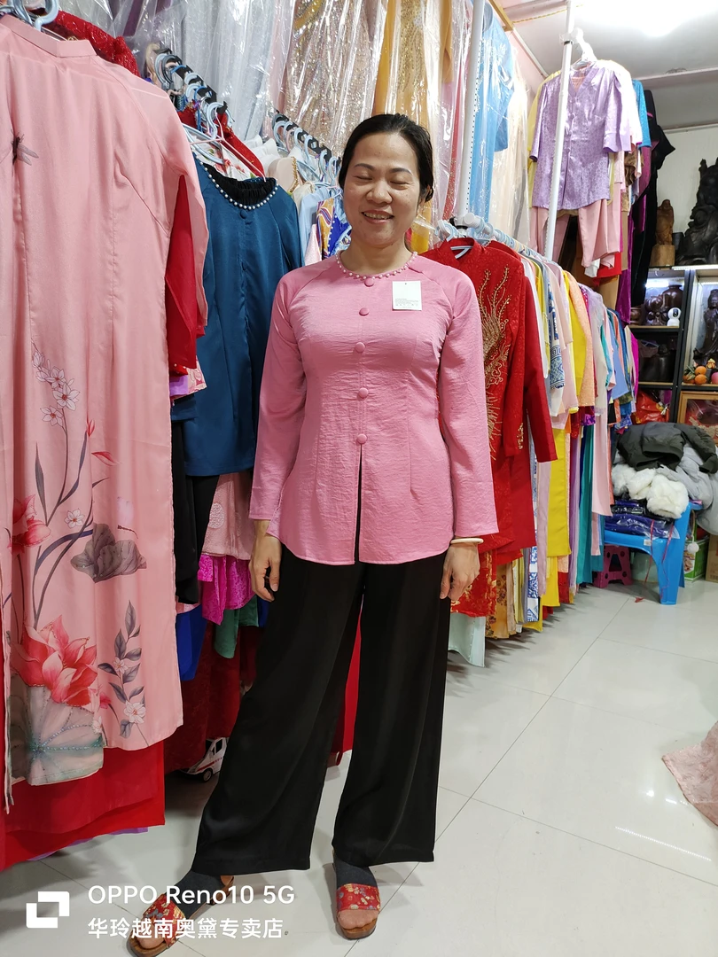 越南春夏款奥黛套装 短装女士复古民族风休闲长袖圆领