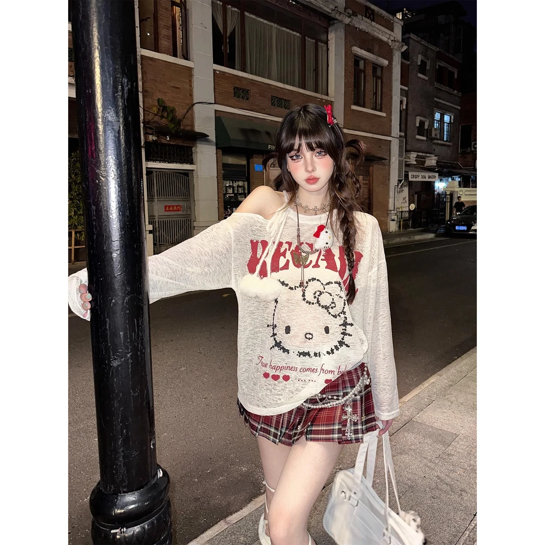 韩系一字肩微透露肩印花针织T恤女2025夏季宽松显瘦小众上衣罩衫