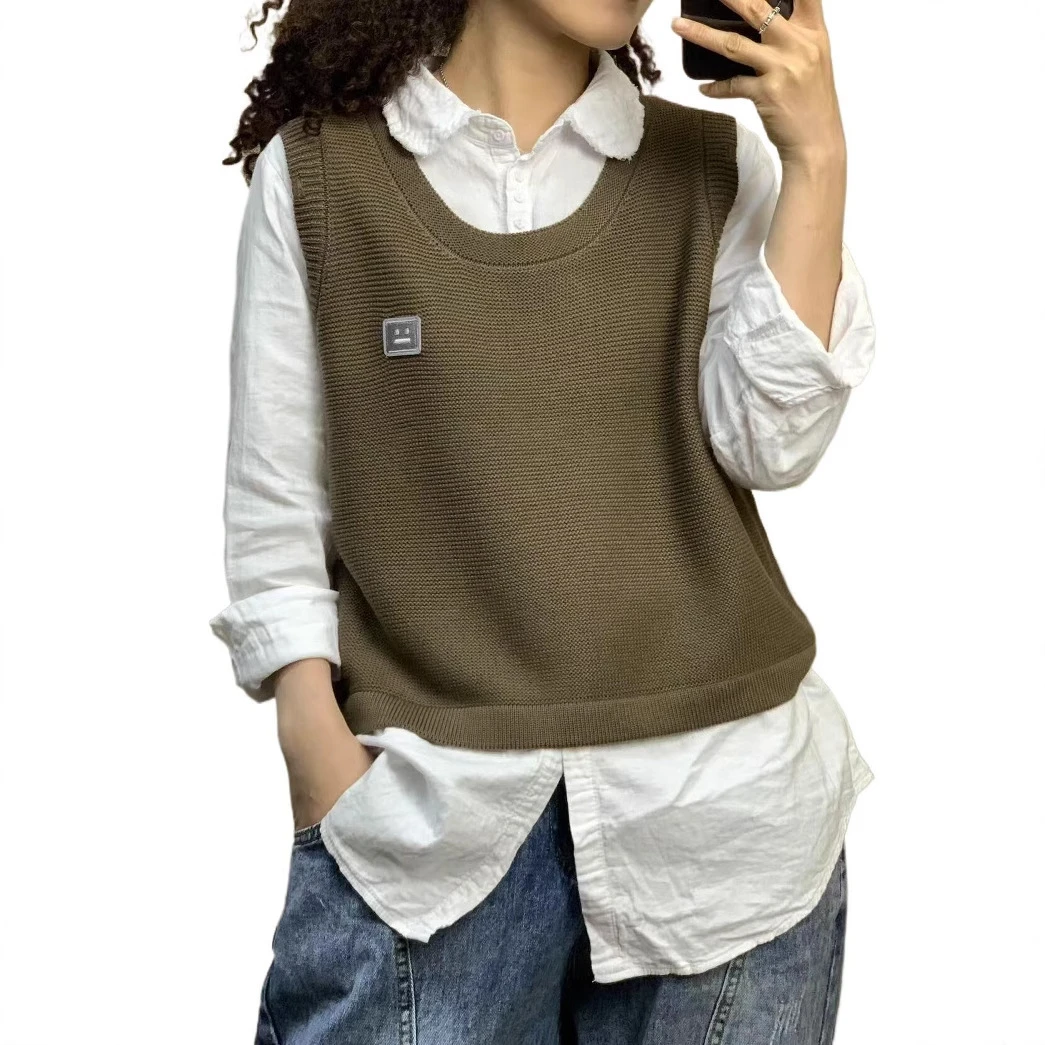 2025春新款女士棉质宽松圆领无袖套头叠穿复古文艺背心坎肩焦糖色