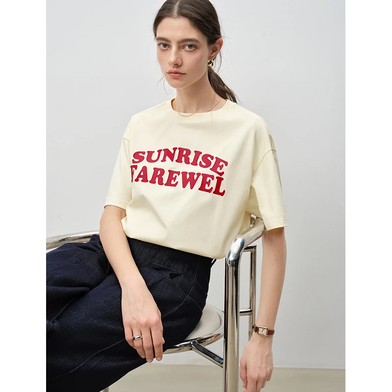 自巧小个子女装穿搭时尚休闲落肩袖简约印花短袖T恤上衣25ZQ92132