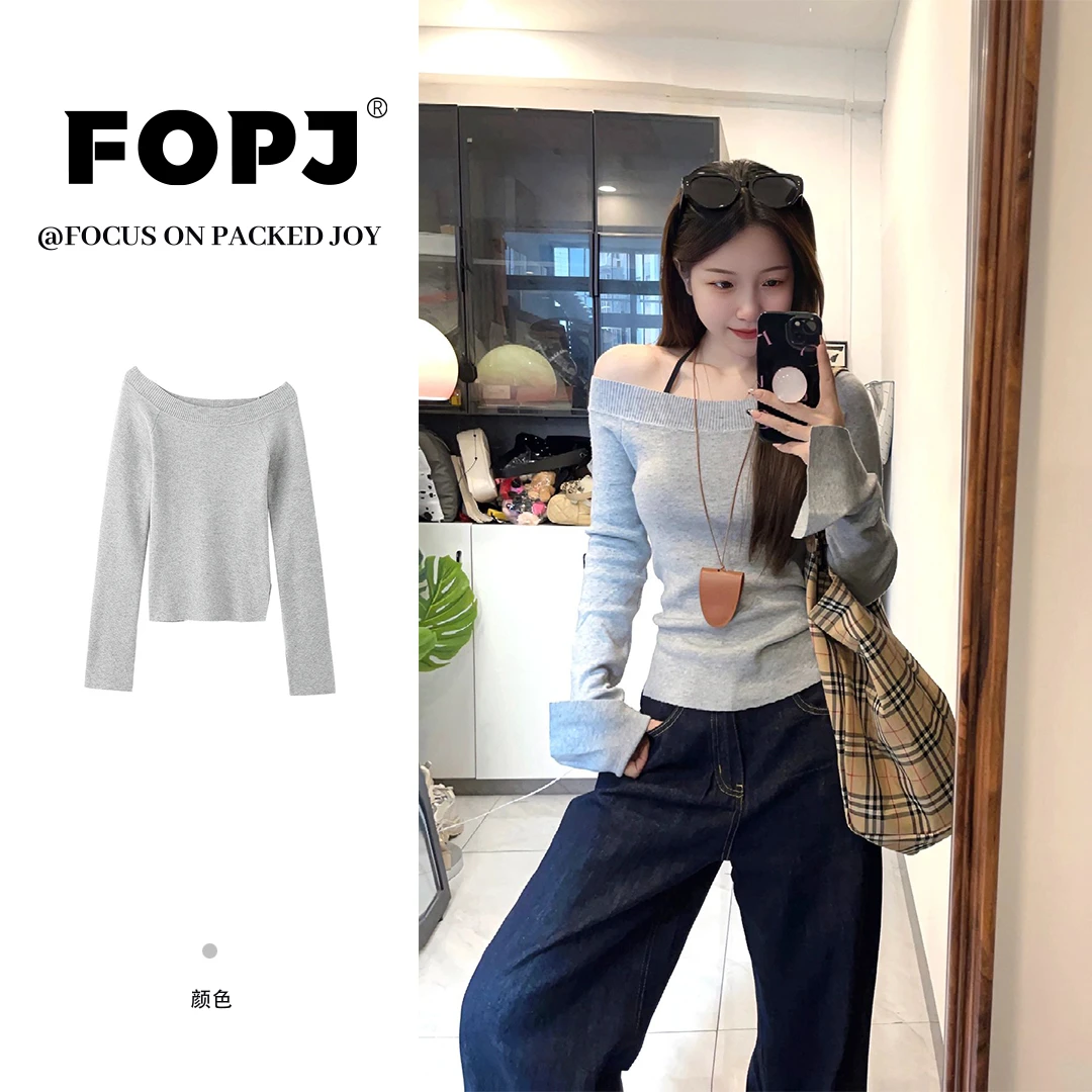 FOPJ春秋新款露肩斜肩设计感灰色打底衫女内搭长袖辣妹不规则上衣