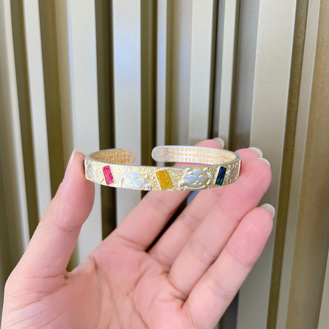 足银手镯 足银手镯999纯银正品百搭描金招财猫珐琅开口手镯女款