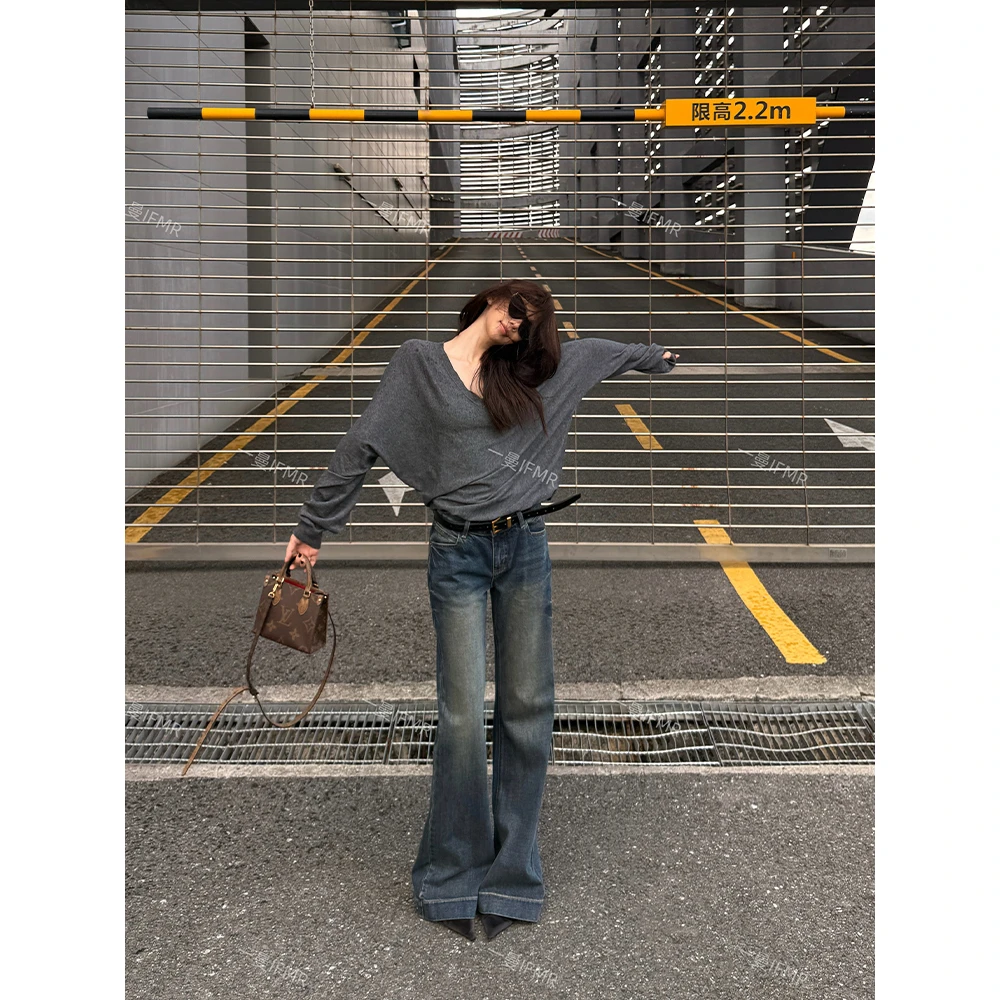 IFMR秋季怀旧色中低腰简微裤子喇叭辣妹风直筒牛仔裤女阔腿宽松