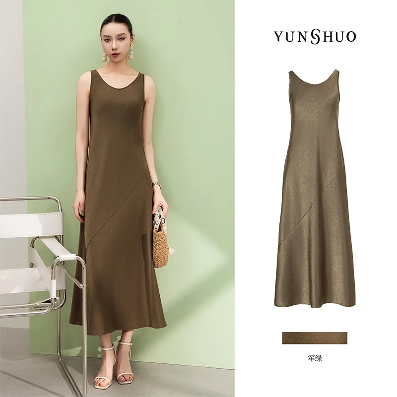 允硕春夏新品背心圆领气质休闲开叉长款简约绿色显瘦连衣裙569417