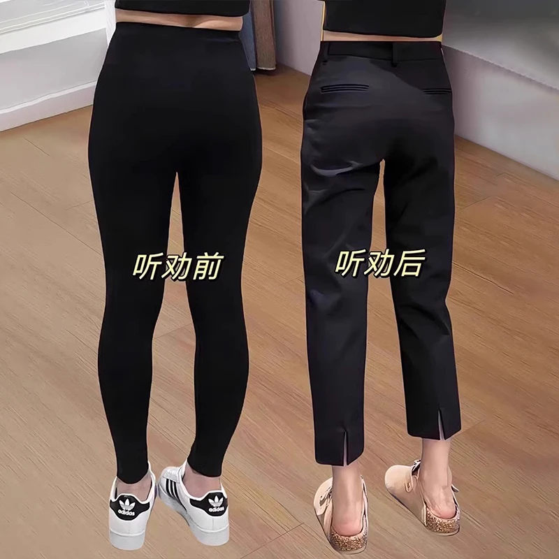 后开叉直筒黑色小个子西装裤夏季新款梨型身材高腰显瘦烟管九分裤