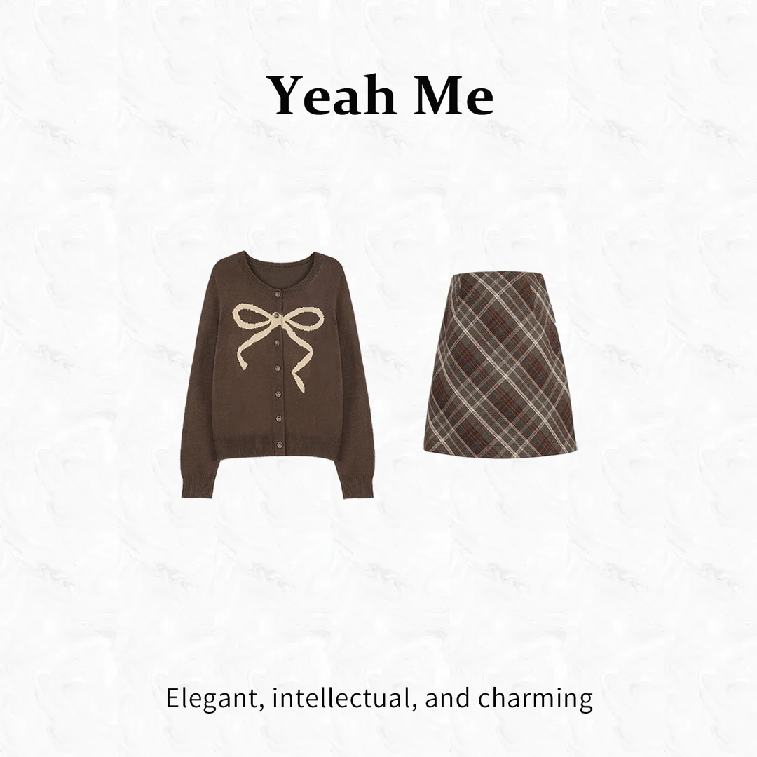 Yeah Me/也觅【巴黎甜茶】秋季新款甜美气质格纹半身裙套装入秋穿搭