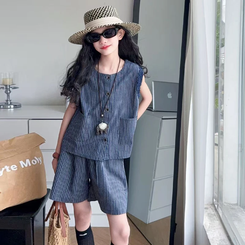 女童套装薄款洋气宽松条纹无袖坎肩背心上衣百搭短裤两件套2025夏