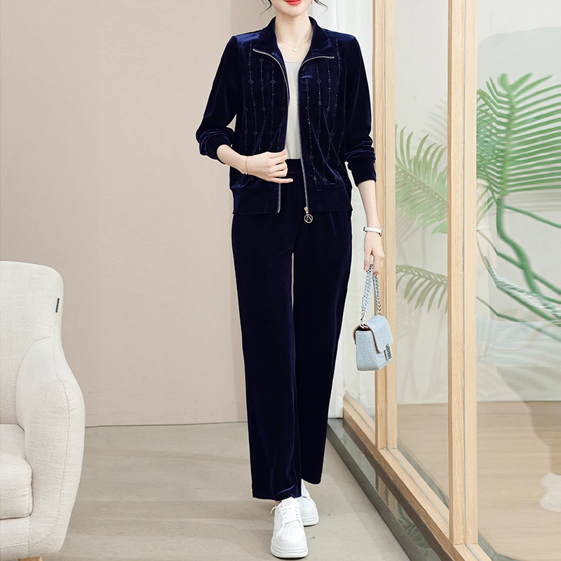 金丝绒运动服套装女中年妈妈装春天气质休闲上衣春秋加绒加厚外套