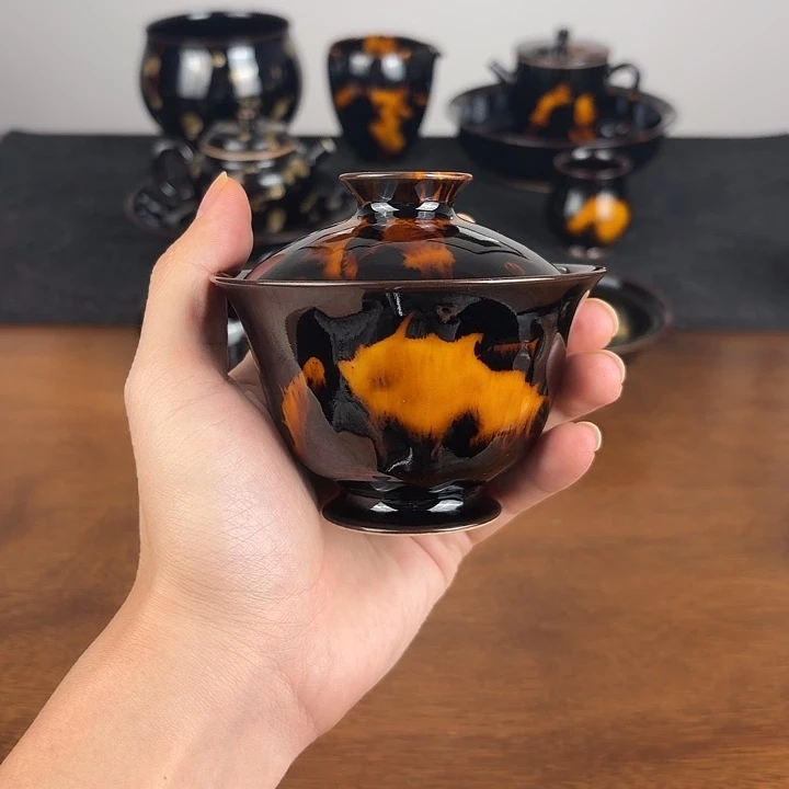 瓷玳瑁釉二才元宝盖碗