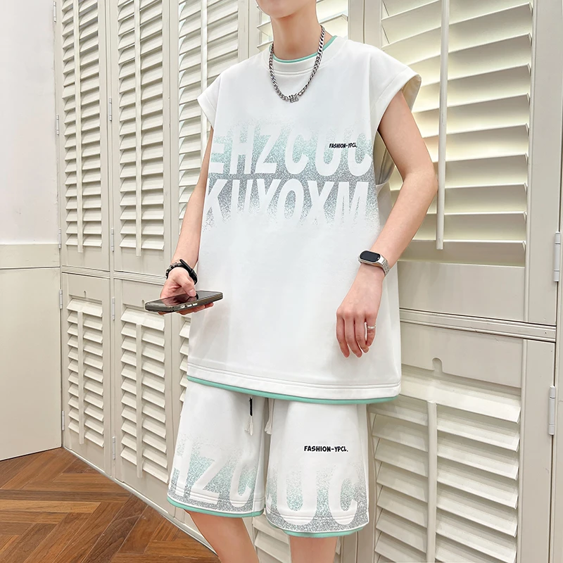 夏季新款青少年2025圆领无袖时尚套装宽松字母印花潮流百搭两件套