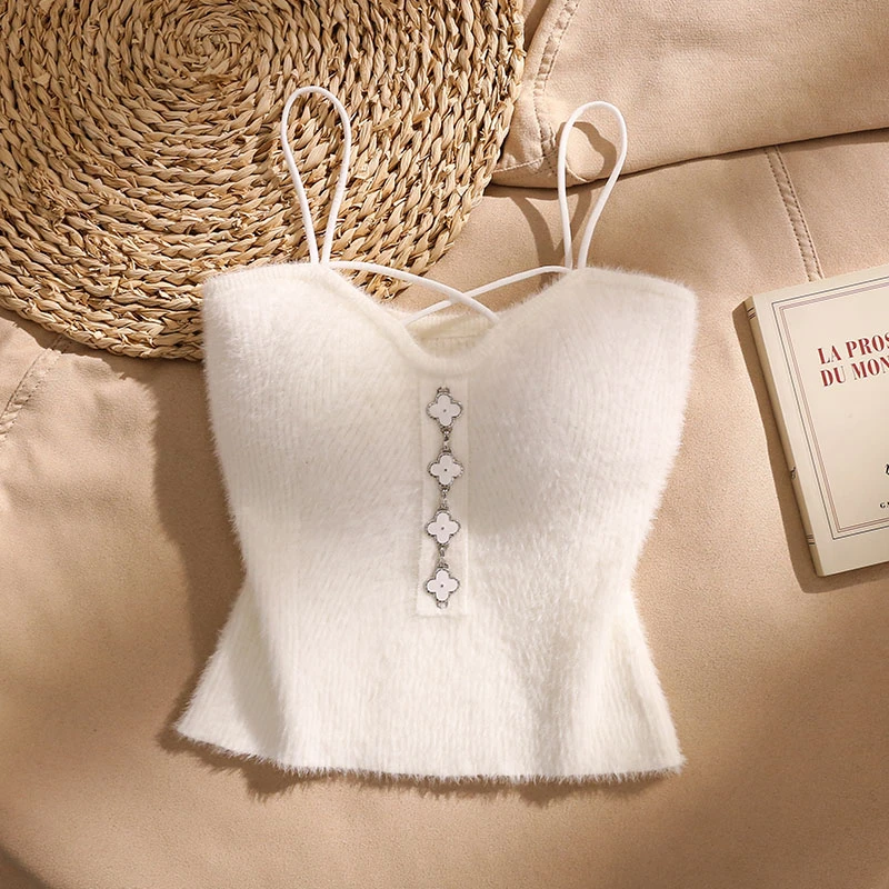 纯欲白色毛绒吊带背心女秋冬内搭性感保暖修身打底抹胸上衣外穿