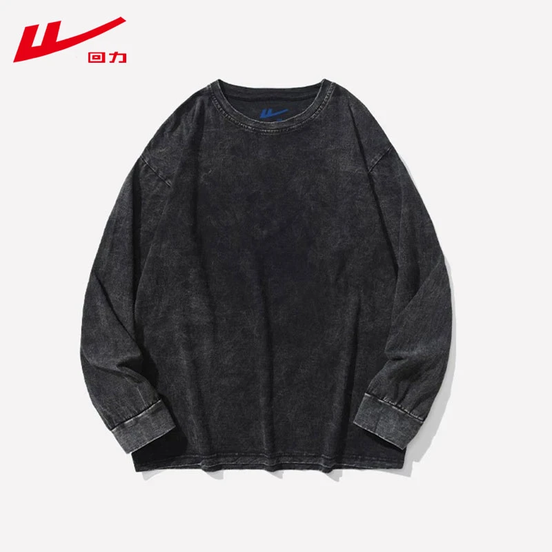 回力美式复古重磅纯棉水洗做旧长袖t恤男女春秋冬季圆领宽松上衣