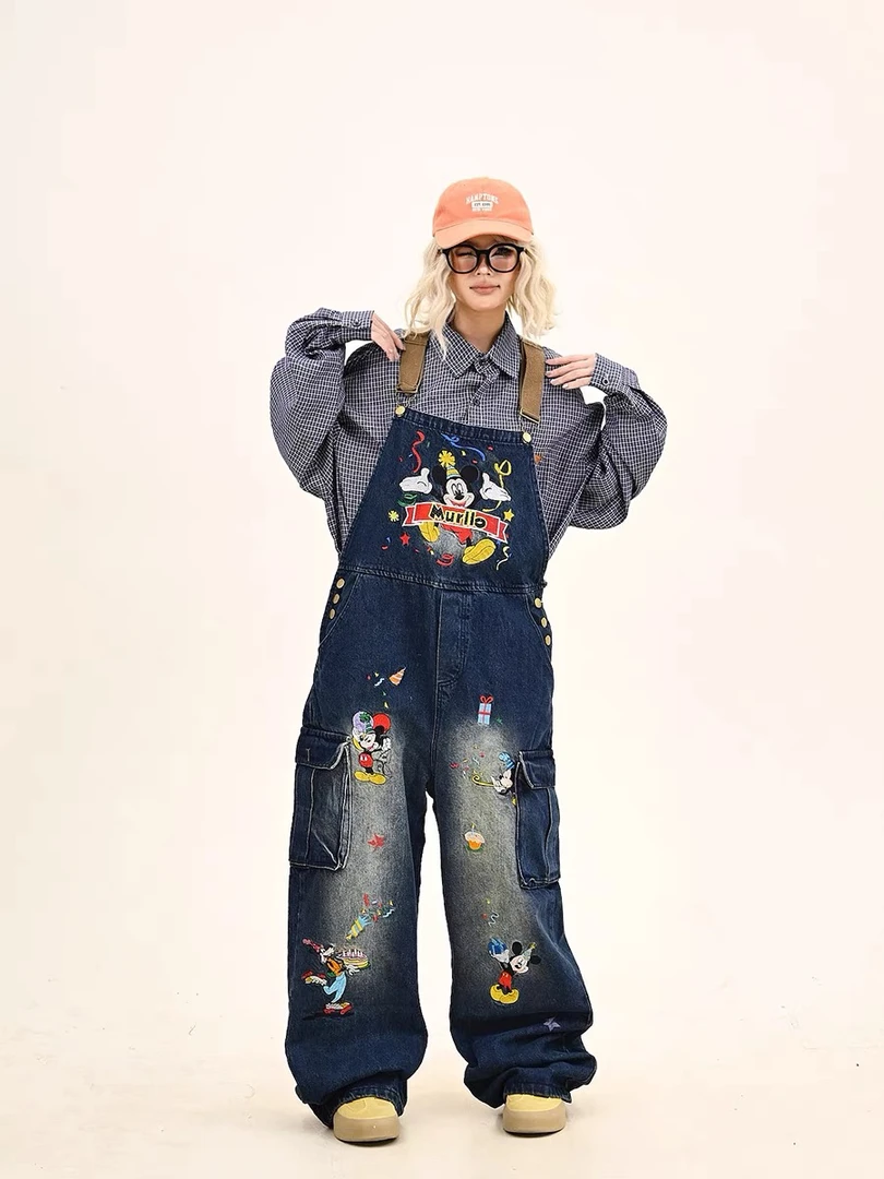 MXLL美式复古老鼠刺绣趣味牛仔背带裤男女学院风百搭设计感连体裤