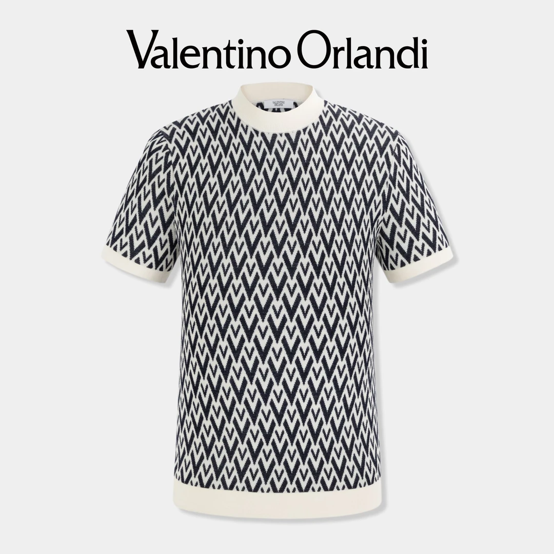 Valentino orlandi男士春秋时尚百搭经典老花短袖绵羊毛针织衫