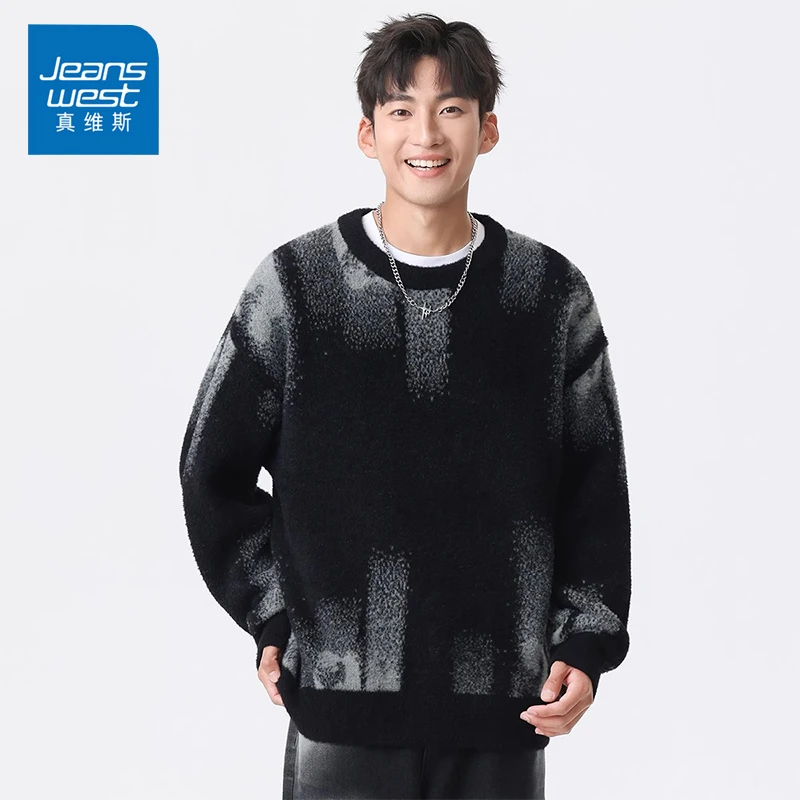Jeanswest/真维斯秋冬季重磅加厚保暖毛衣男士潮流宽松休闲上衣男