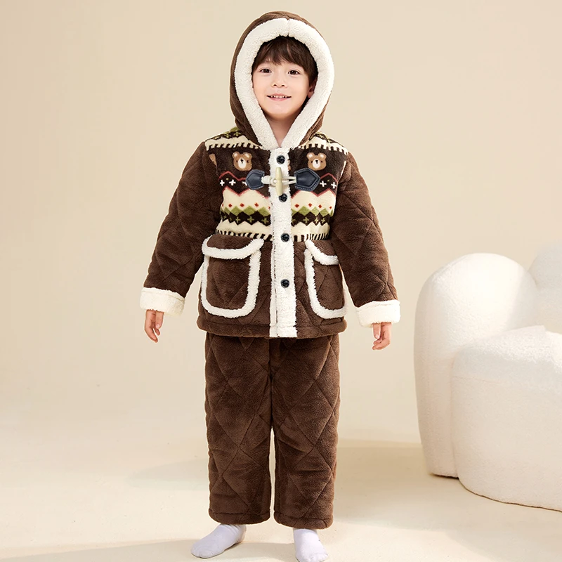 【新款三层夹棉】儿童款睡衣冬季加厚款男童珊瑚绒男孩冬儿童保暖衣