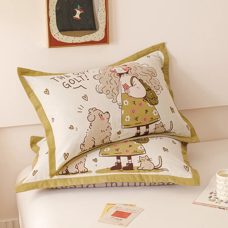 新款按扣款A类全棉四层提花纱布枕套 初夏流行 纯棉材质吸汗透气