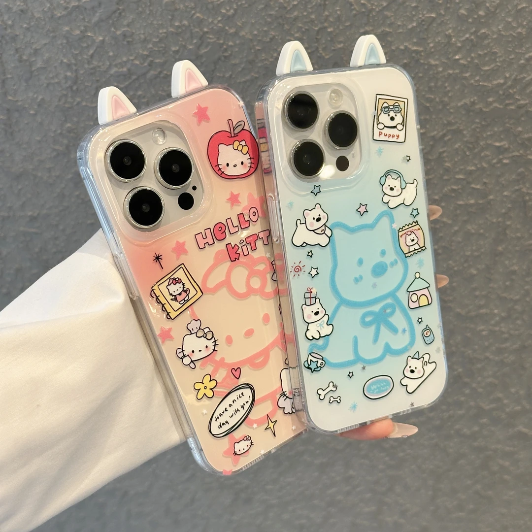 BANCA立体耳朵晕染kt小狗适用苹果16大孔手机壳华为vivo小米oppo