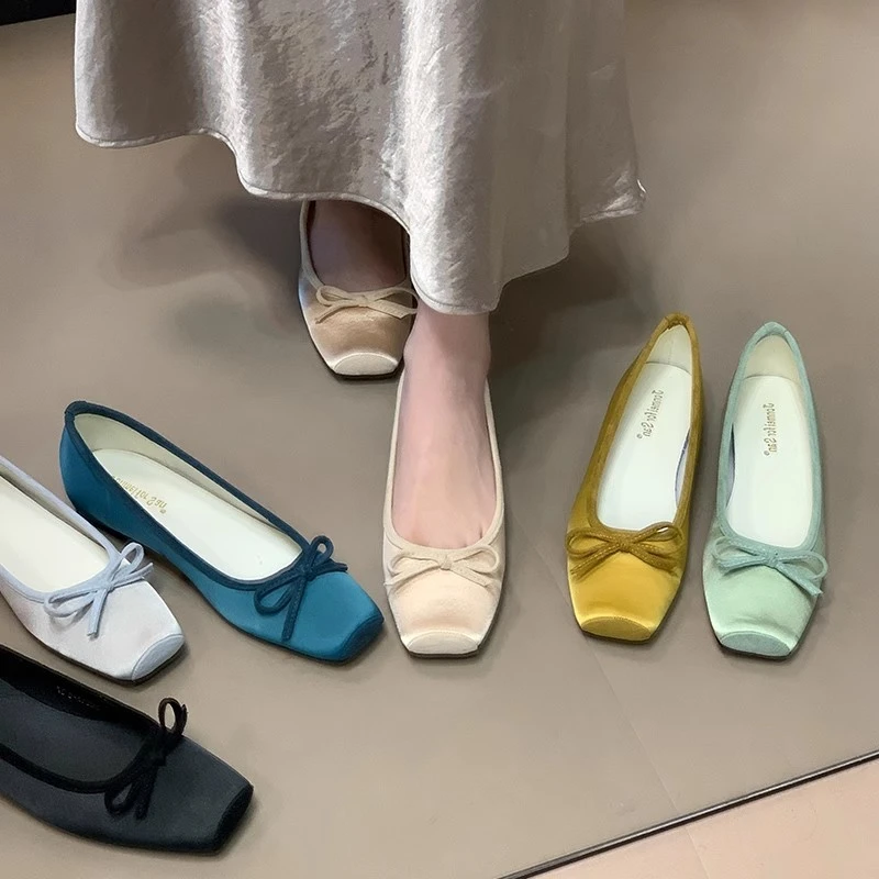 2025春季新款法式复古方头浅口单鞋女内增高蝴蝶结芭蕾舞鞋配裙子