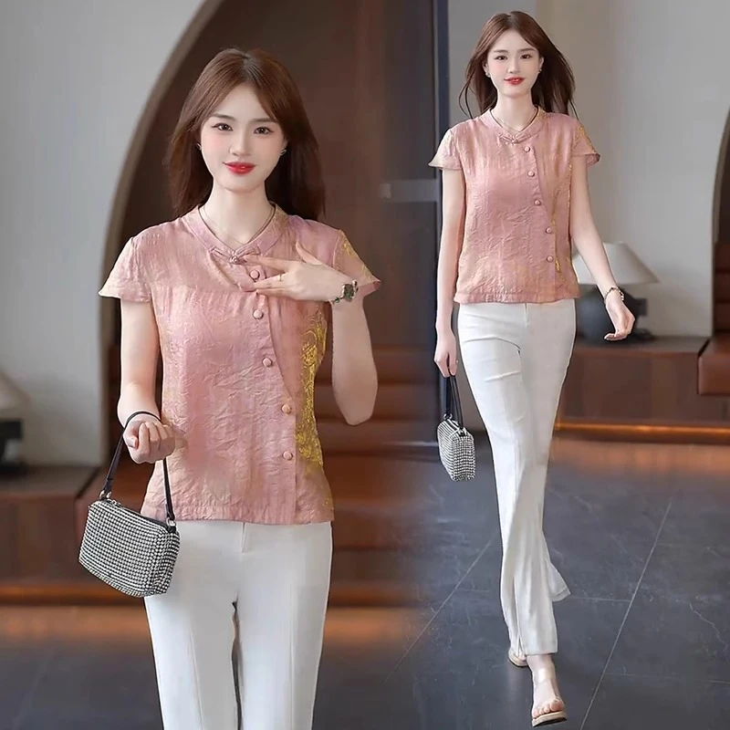 新中式国风时尚衬衫女2025夏季新款小个子宽松显瘦盘扣气质上衣潮