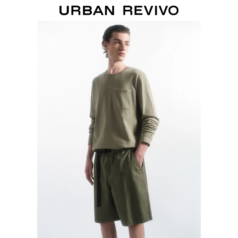 UR2025春季新款男装时尚休闲纯色单口袋圆领长袖T恤UML450021