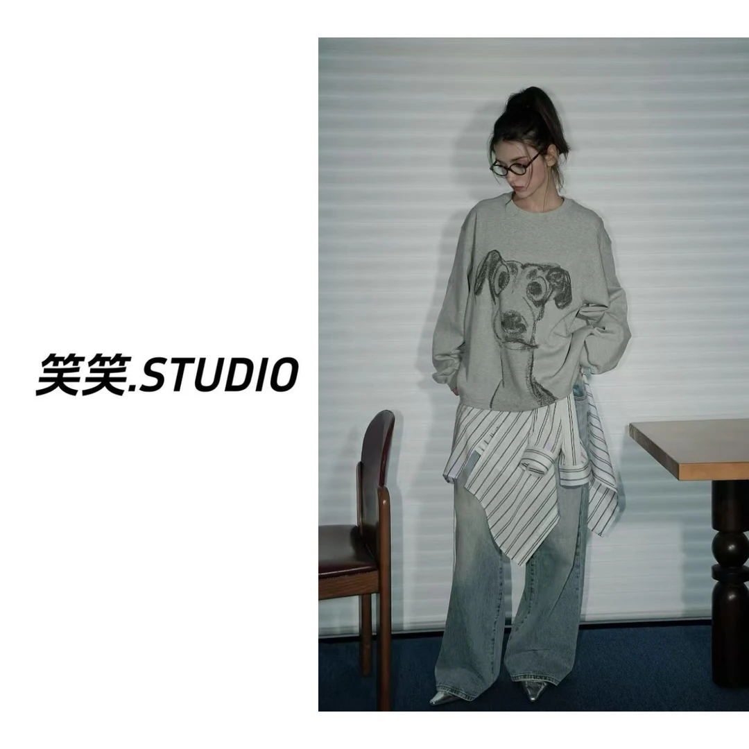 笑笑-【手绘狗狗】韩系印花长袖毛巾绒宽松卫衣圆领松弛感上衣