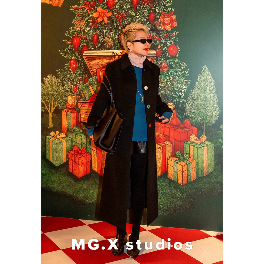 【墨底彩扣】MGX长款毛呢大衣彩色纽扣撞色翻领外套 M54E5877W1AK