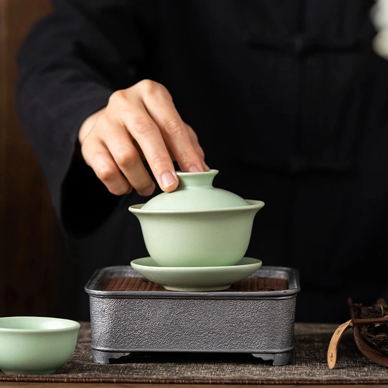 【闪购商品】豆青盖碗汝窑三才盖碗茶杯冰裂纹陶瓷家用GW009