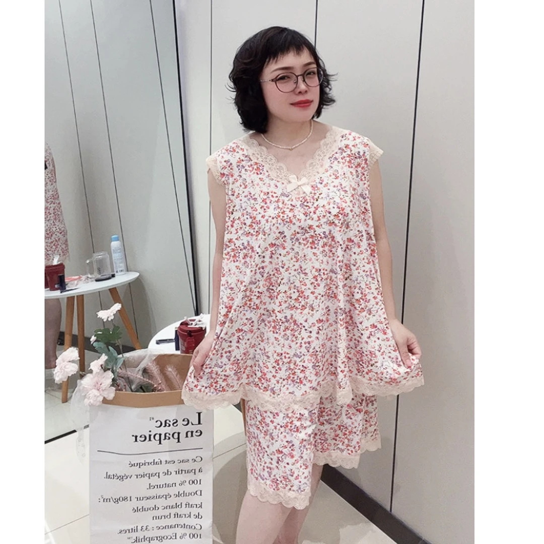 大码女士睡衣家居服性感舒适套装冰丝无袖飞飞袖蕾丝五分裤