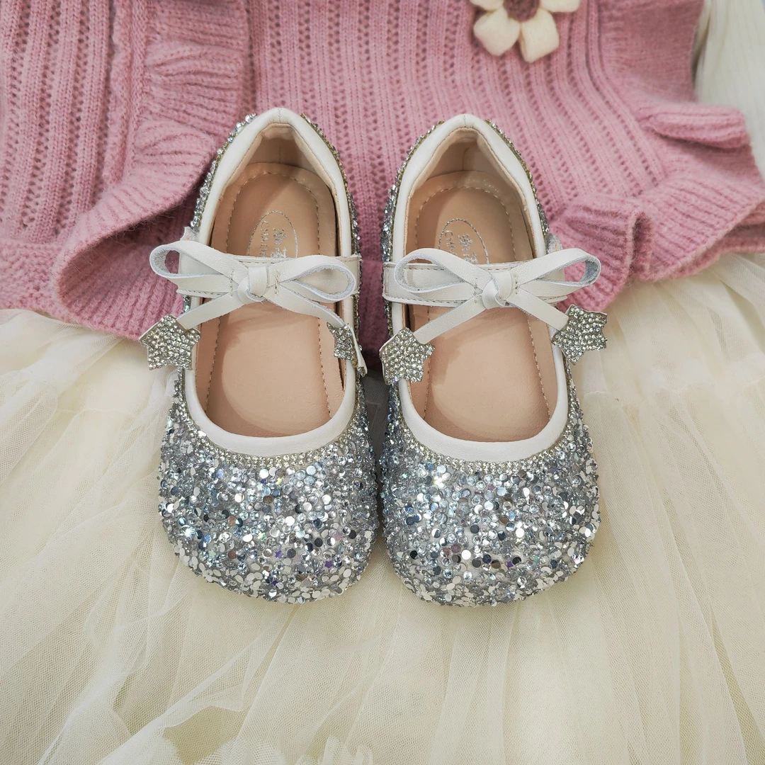 2025新款春秋软底软面真皮满天星爱莎公主鞋水晶公主鞋女童公主鞋