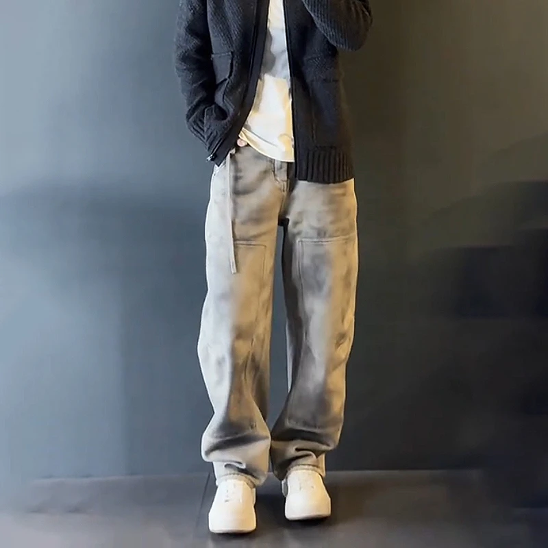 轻奢男装大码潮牌男士时尚新款设计感宽松脏脏裤显瘦休闲裤潮直筒
