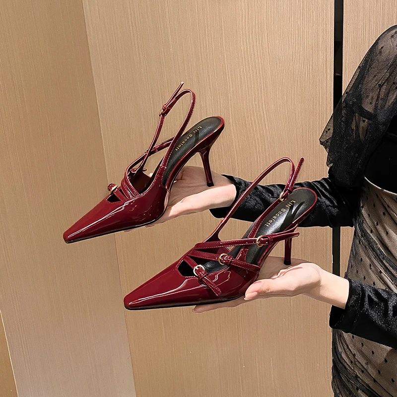 羊皮版~千金既视感尖头红色高跟鞋女细跟气质小众黑色一字带凉鞋