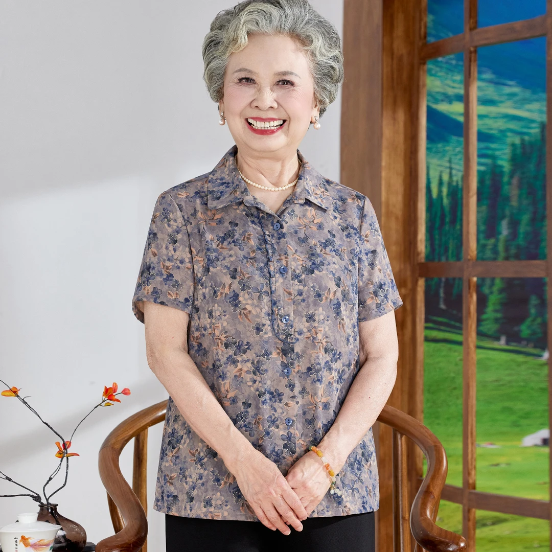 奶奶夏装短袖衬衫中老年人妈妈夏季宽松衬衣小衫老太太衣服婆婆女